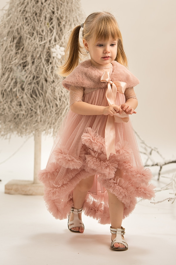 Pink Chantilly - Baby girl dress with train and silk lace